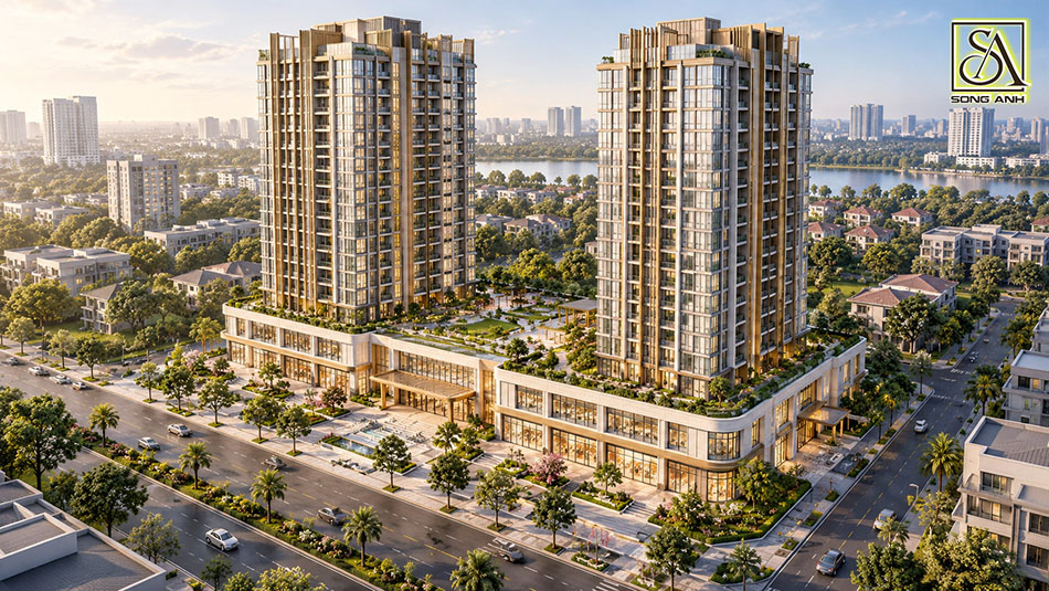 Hai khối tháp trên podium chung với sân vườn mái, quảng trường và đường tiếp cận quanh khu đất.
